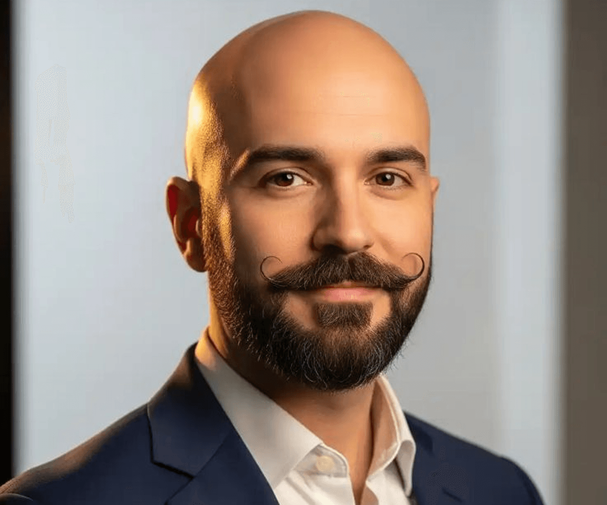 Portrait after AI bald preview showing head hair removal