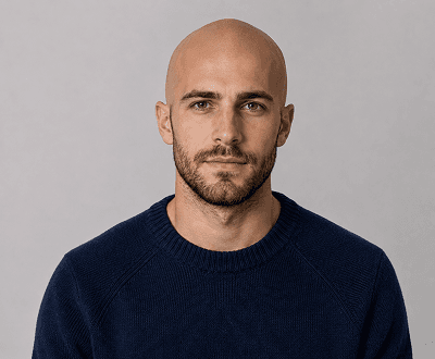 Portrait after AI bald filter showing realistic bald head transformation