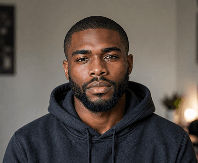 Portrait after AI buzz cut preview showing short shaved style