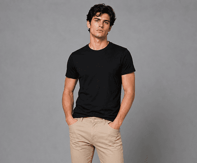 Fashion photo after bottom clothing swap—new pants applied