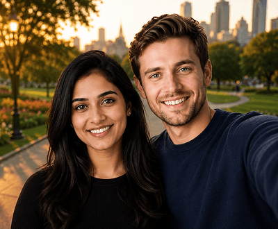 AI-generated realistic couple selfie after portrait merge—photorealistic merged couple photo