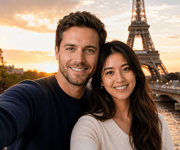Professional AI-generated couple selfie after portrait merge