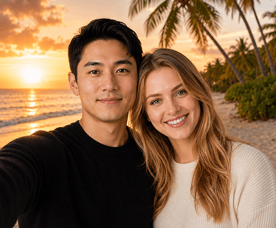 AI couple photo generator result—merged photos placed in custom location with realistic background
