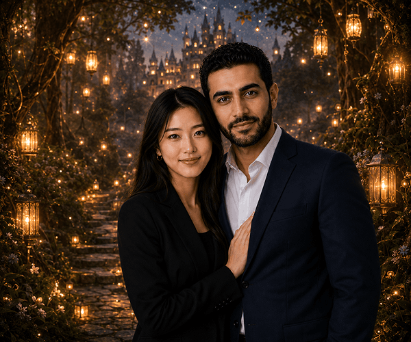 Realistic AI couple photo placed in desired location by generator