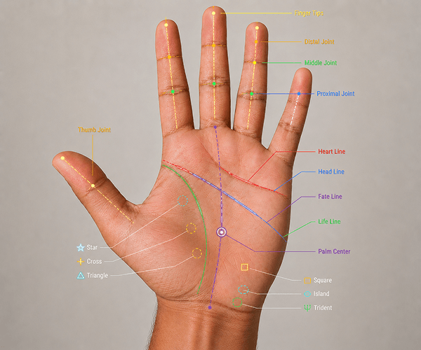 AI interface displaying detected palm lines with labels and measurements