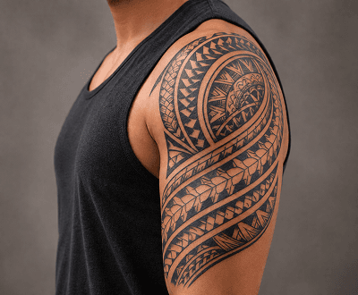 Arm after AI-generated tribal tattoo design with bold lines and authentic tribal pattern