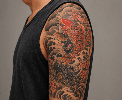 Sleeve after AI-generated Japanese tattoo design with traditional motifs and bold outlines