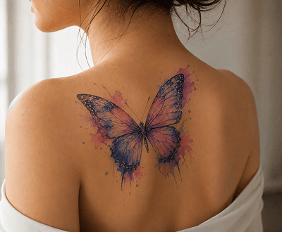 Shoulder after AI-generated watercolor tattoo design with soft edges and color blending