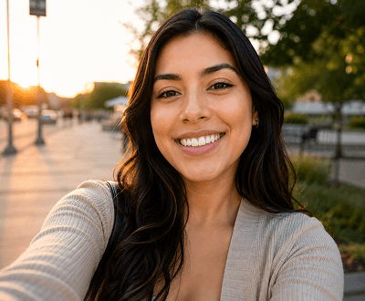 Selfie after AI teeth whitening with professionally enhanced smile