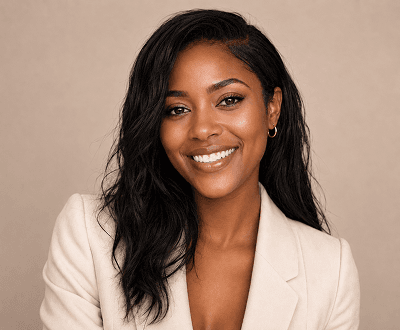 Model photo after professional AI teeth brightening for fashion portfolio