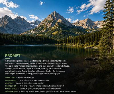 AI-generated landscape description prompt capturing mood, lighting, and environment
