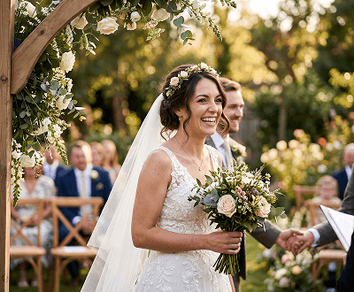 Wedding or event photo after AI eye correction with naturally opened eyes