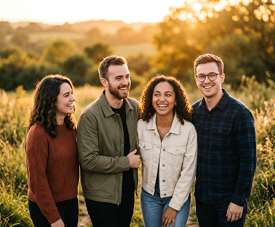 Group photo after AI eye correction showing all subjects with naturally open, alert eyes