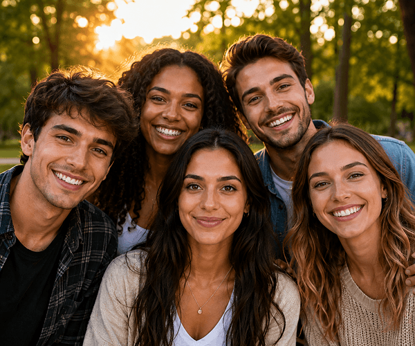 Group photo after AI eye correction with all subjects having naturally open eyes
