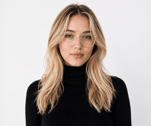 Portrait after custom glasses prompt showing AI-generated eyewear with specified details