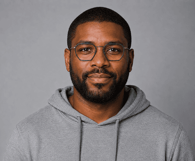 Portrait after custom glasses prompt showing AI-generated eyewear with specified characteristics