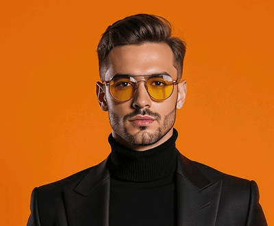 Men's portrait after virtual try-on showing AI-placed aviator eyewear frames