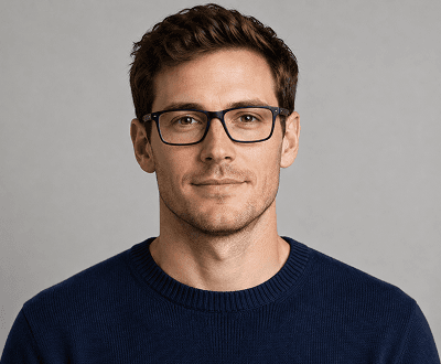 Men's portrait after virtual try-on showing realistic AI-placed rectangular glasses frames