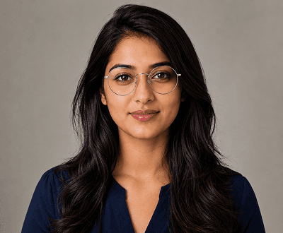 Portrait after virtual try-on showing AI-placed round eyewear frames