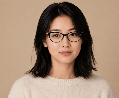 Women's portrait after virtual try-on showing AI-placed cat-eye glasses frames