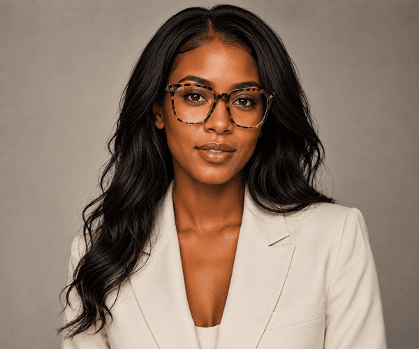 Women's portrait after virtual glasses try-on with AI-placed eyewear frames