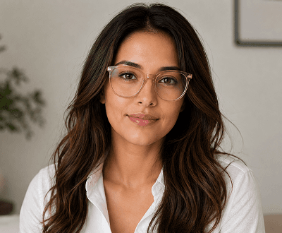 Women's portrait after virtual try-on showing AI-placed oversized eyewear frames